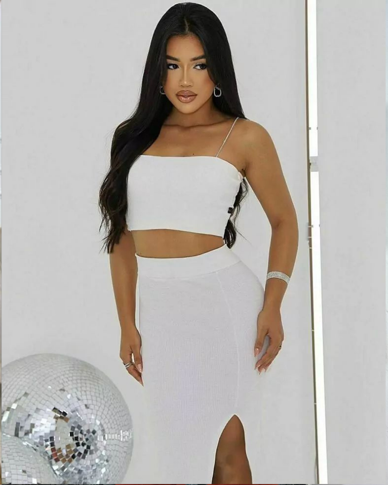 Conjunto Cropped e Saia Canelado – Branco